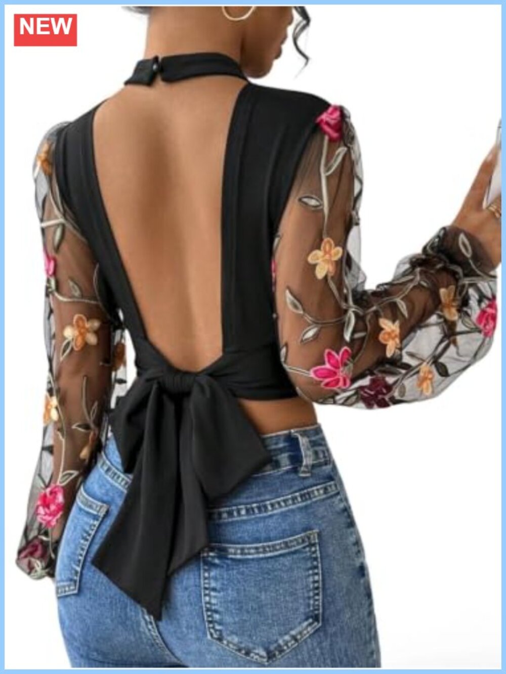 SweatyRocks Women's Sheer Mesh Floral Embroidered Tie Back Crop Top